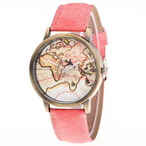 Fashion Women's World Map Cowboy Band Analog Quartz Wrist Watch