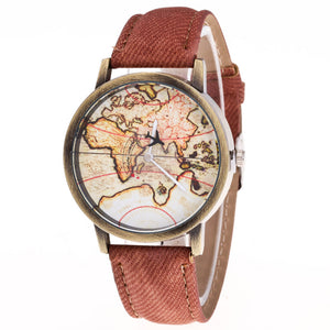 Fashion Women's World Map Cowboy Band Analog Quartz Wrist Watch